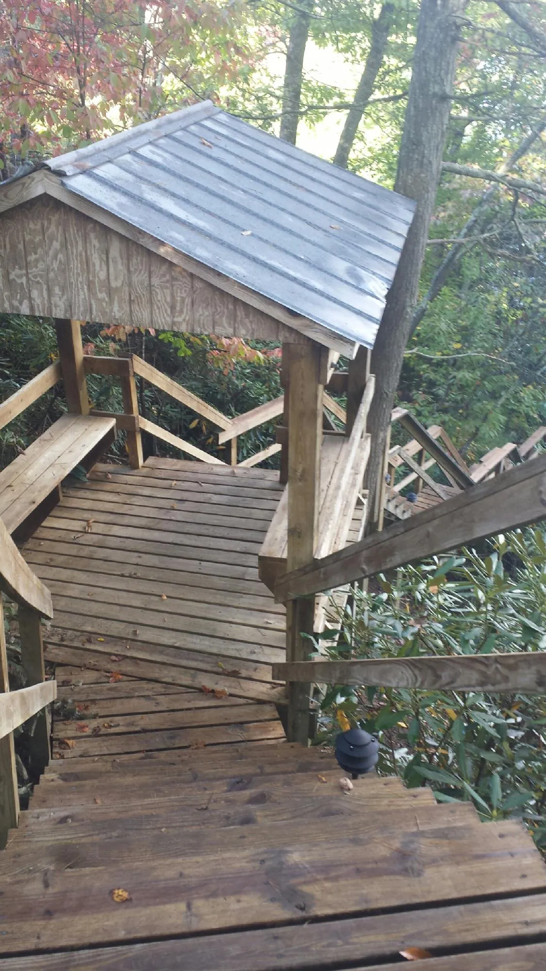 Metal roofed shelter over wooden steps on a wooded walkway — Skylight Repair & Installation work by our crew in Perley